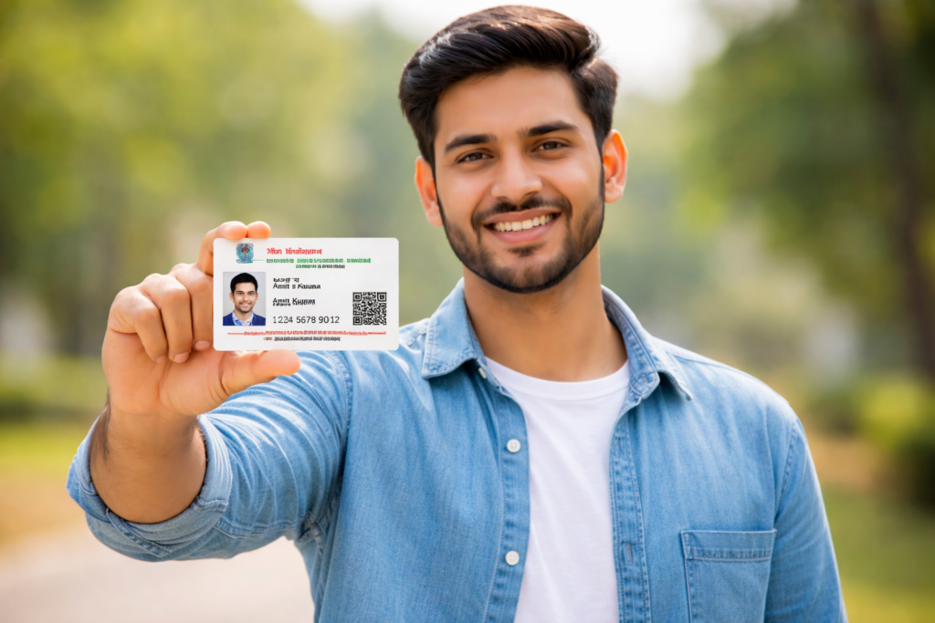 Aadhaar Card Update 2025 ke liye Aadhaar card pakda hua ladka